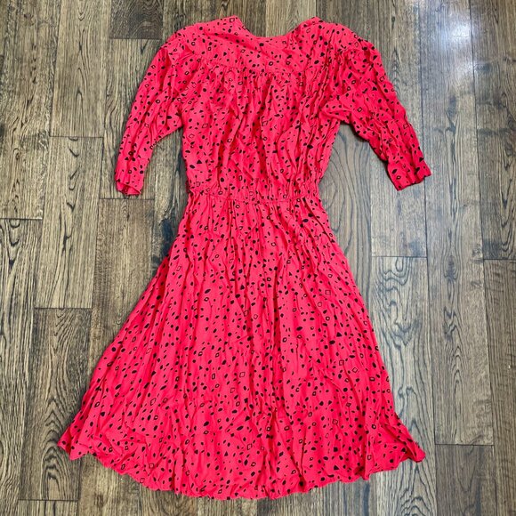 Vintage 80s Karin Stevens Red Midi Dress Abstract Print Button Front Rayon M - Picture 6 of 7